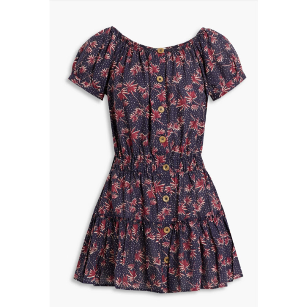 EBERJEY Elsie Gathered Printed Cotton Mini Dress In Navy Size L 8-12 MSRP$198